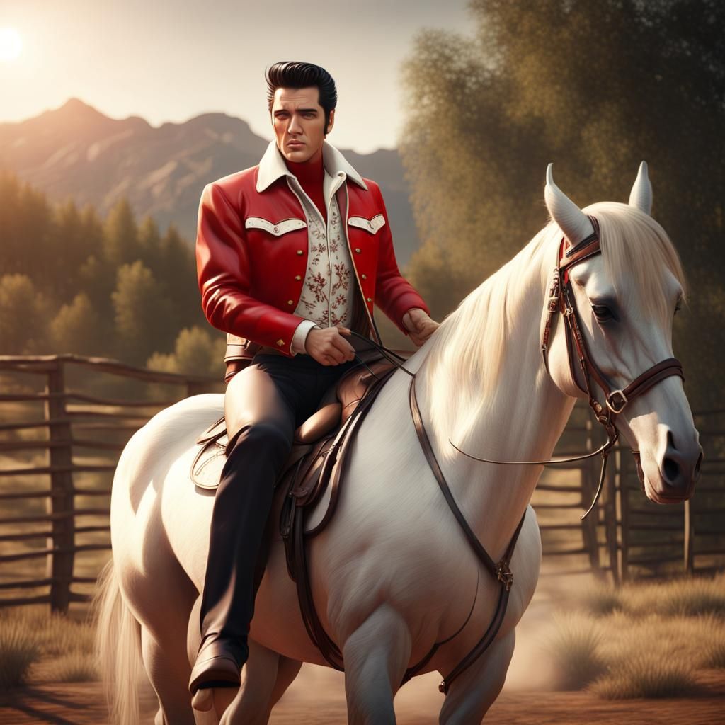 Elvis Presley Rides a Horse on a Ranch
