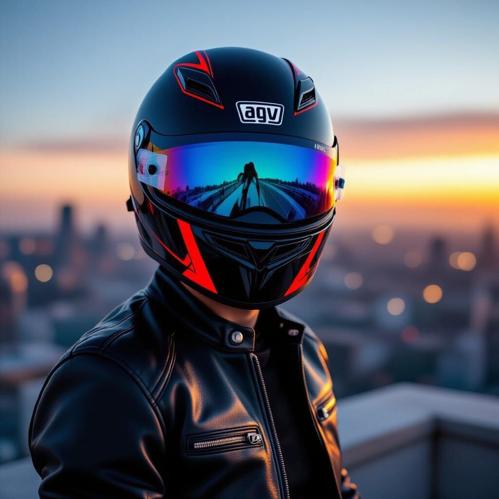 Rooftop Racer with Reflective Helmet in Sunset Light