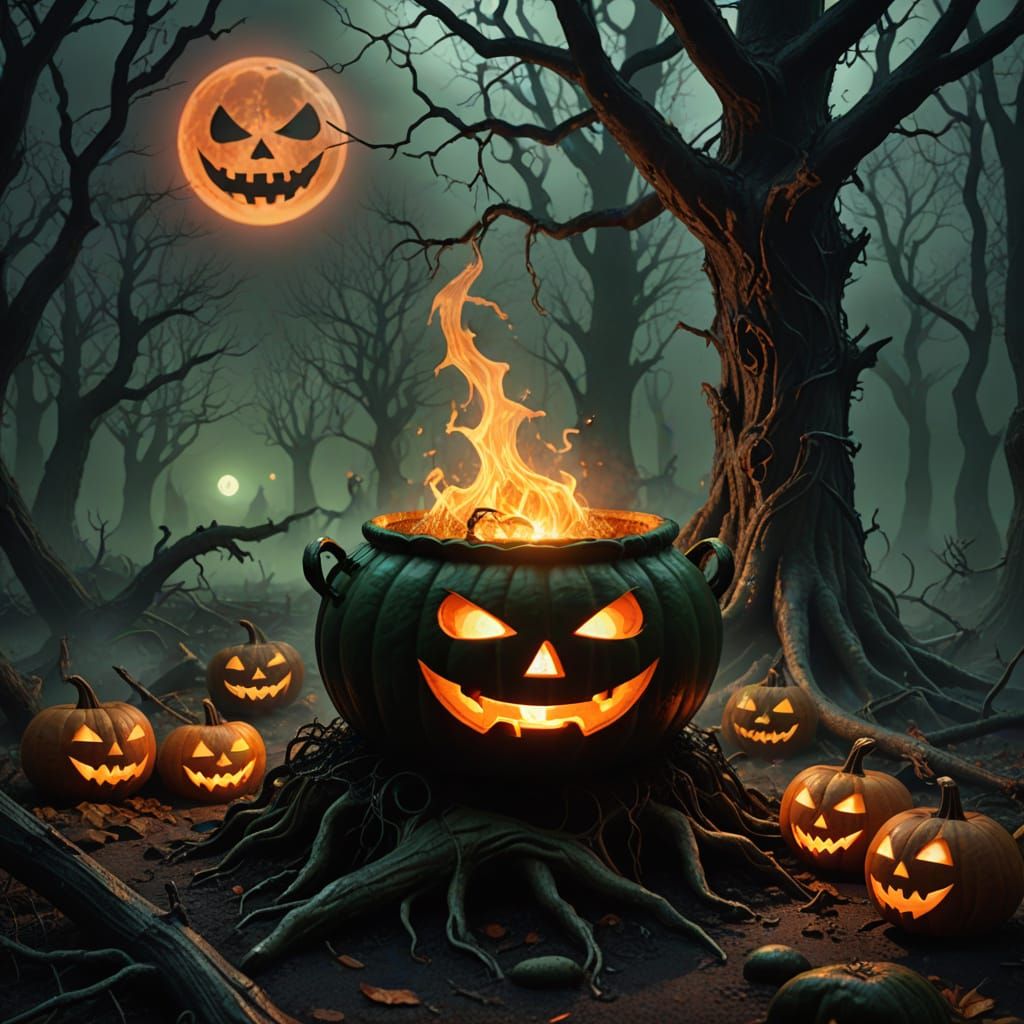 Spooky Jack-o-lantern and Cauldron in Eerie Forest