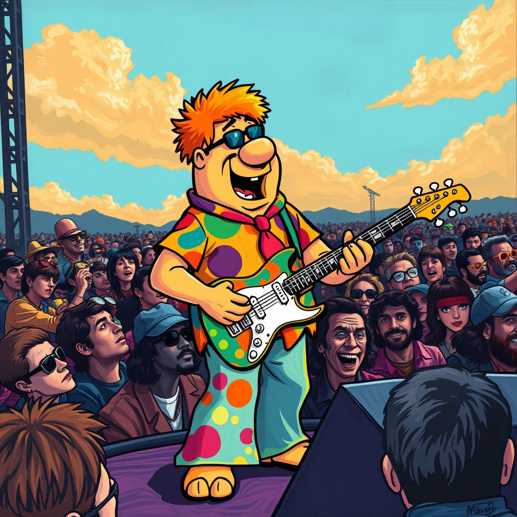 Groovy Fred Flintstone Rocks Woodstock Stage in Psychedelic...