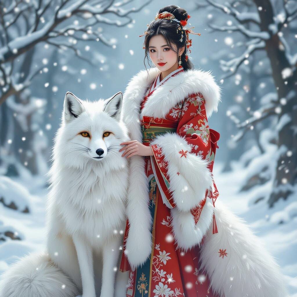 Asian Woman with Fox in Winter Wonderland, Art Nouveau