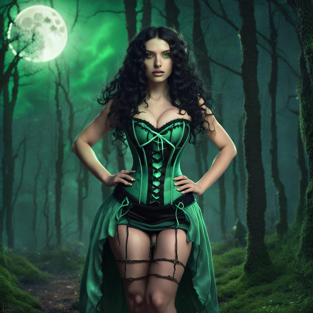 Mystical Sorceress in Enchanted Forest Under Midnight Moonli...