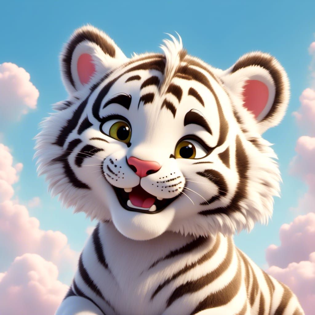 Whimsical White Tiger Basks in Joyful Cloudscape