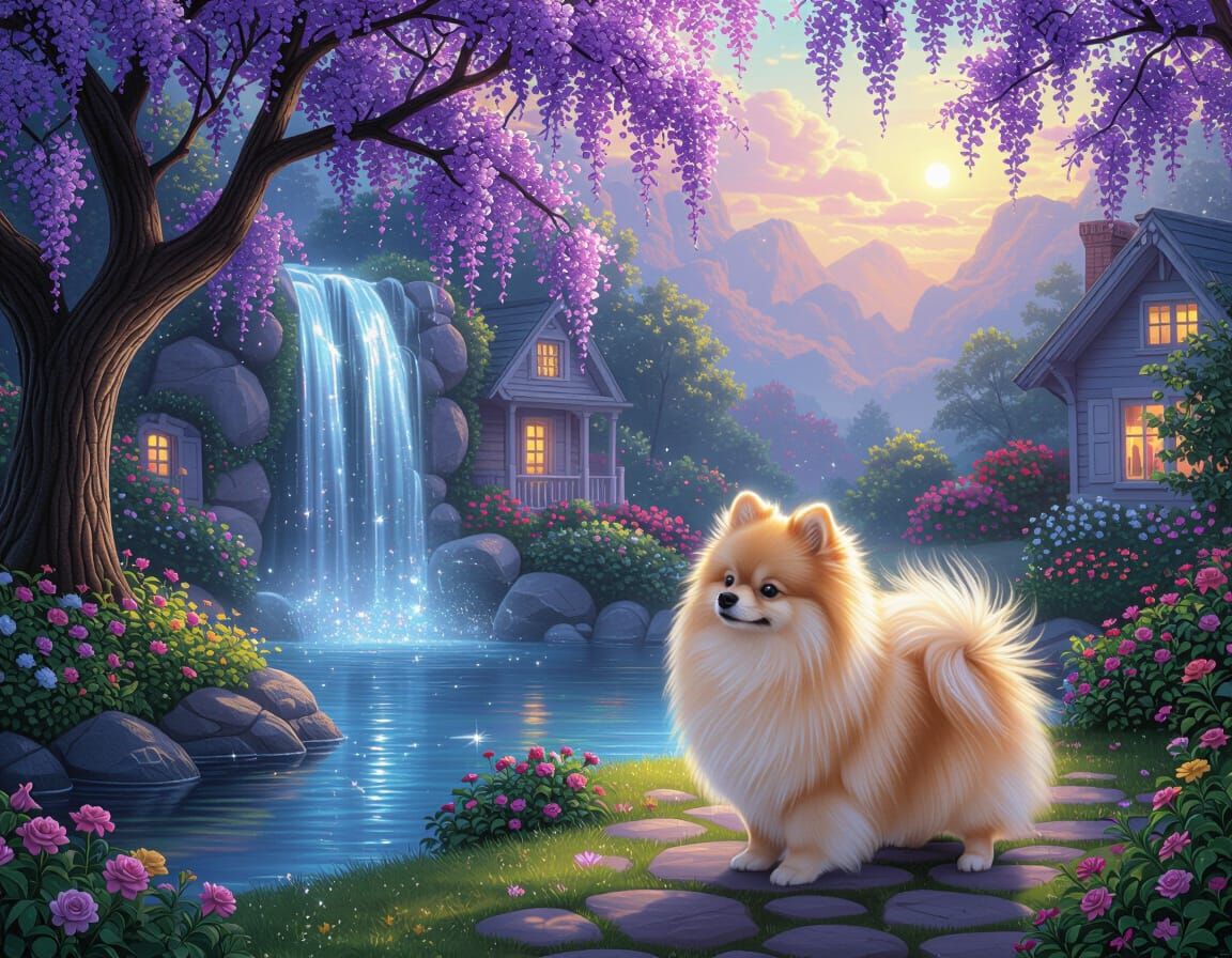 Bioluminescent Pomeranian in Ethereal Garden