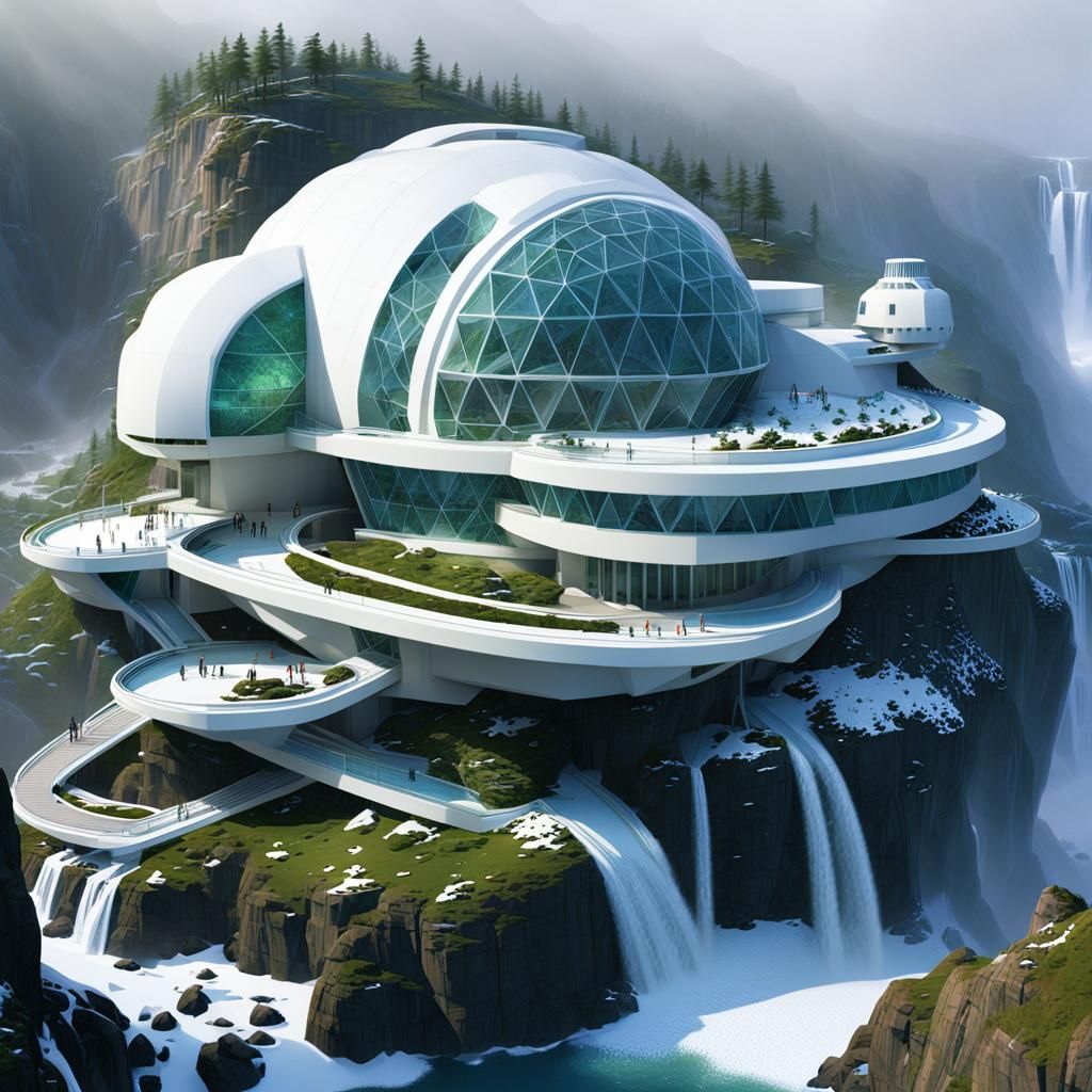 Futuristic Geodesic Hospital Amidst a Blizzard Landscape