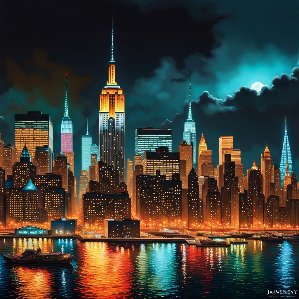 Vibrant New York City Nighttime Skyline with Radiant Reflect...