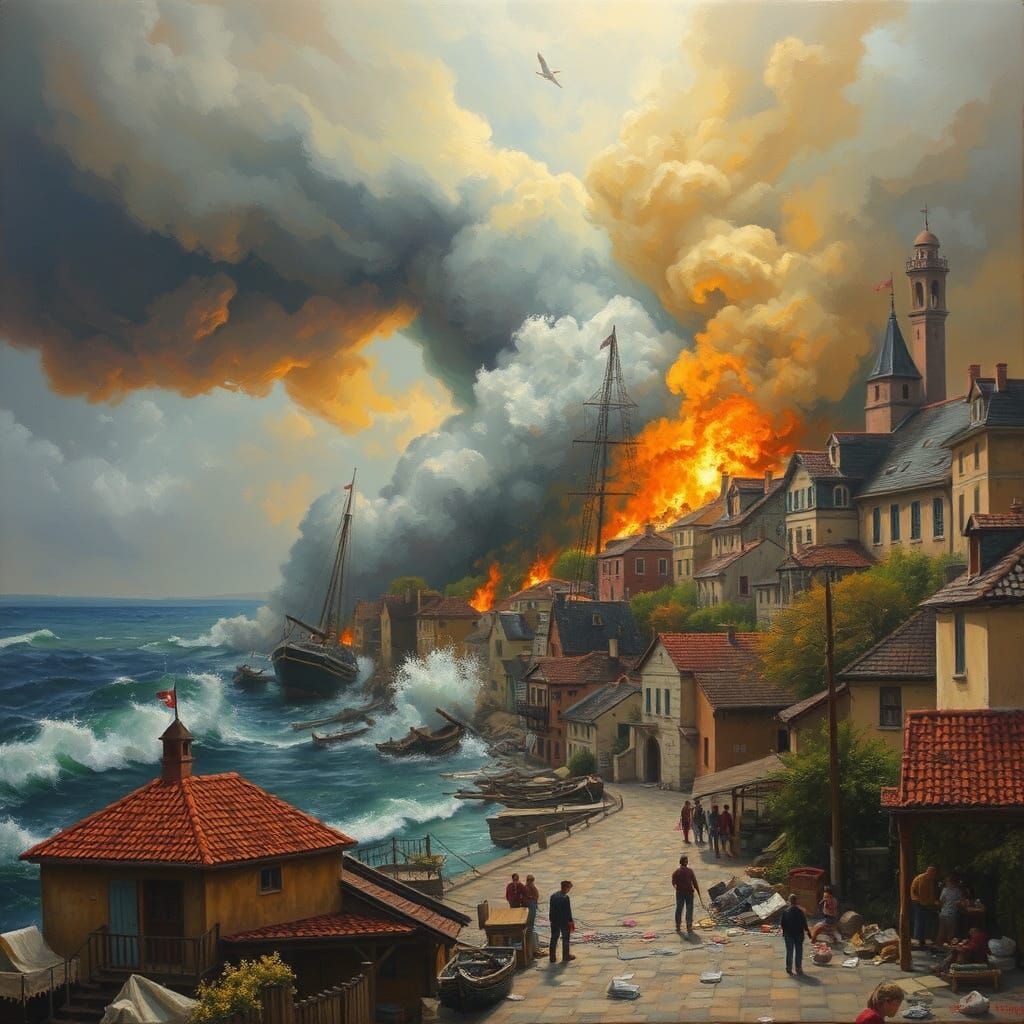 Darkness Descends on Coastal Village in Turbulent Oil Painti...