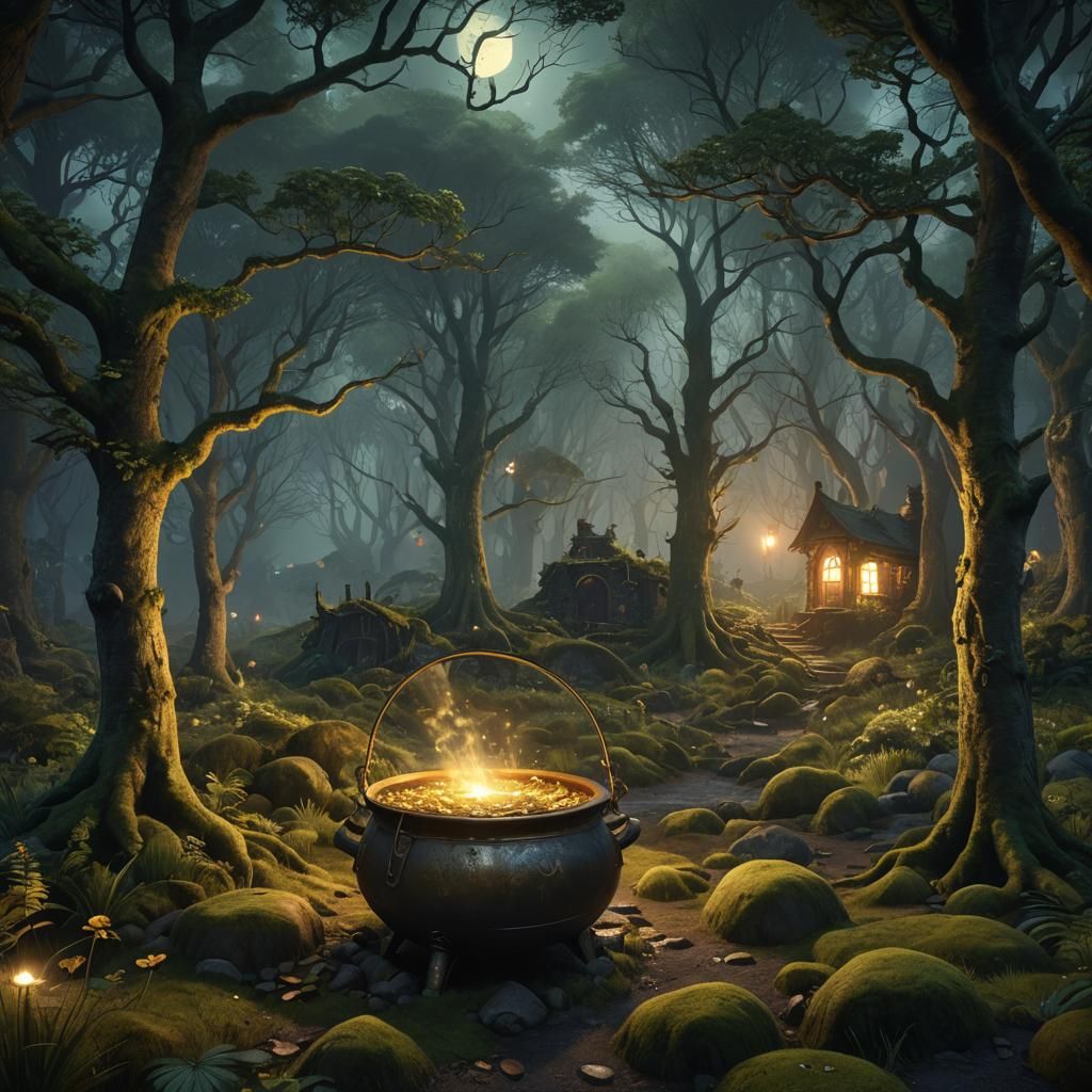 Leprechauns in Mystic Irish Forest with Glittering Pot of Go...
