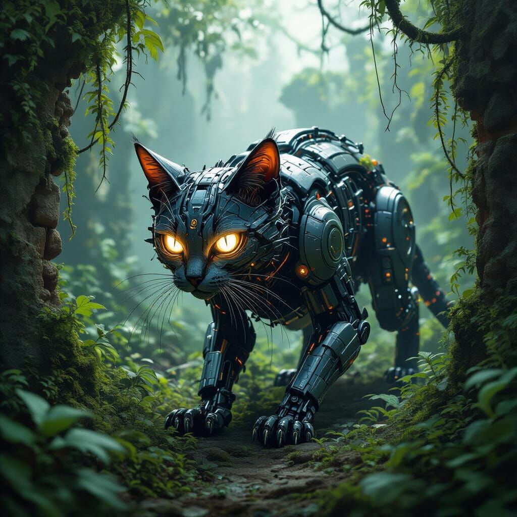 Biomechanical Cat in Post-Apocalyptic Jungle