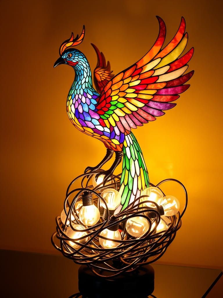 Stunning Stained Glass Phoenix on a Nest of Light Bulbs