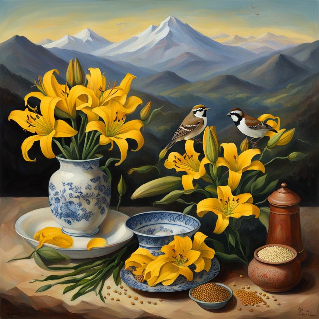 Vibrant Still Life with Mountainous Background and Lilies