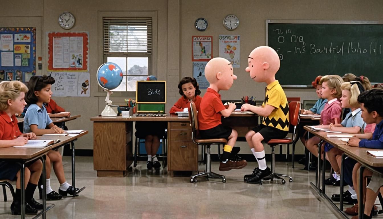 Charlie Brown sits in a school classroom. Thinking about his teacher.