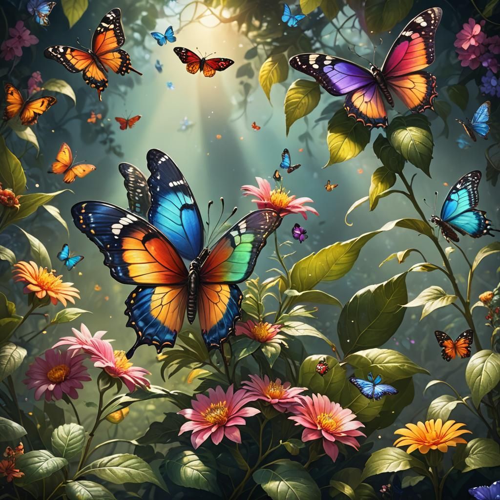 Luminous Floral Fantasy: Iridescent Butterflies Dance Among....