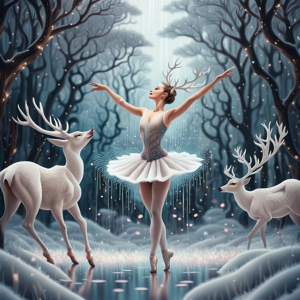 Joyous Winter Ballerina Dances with Bioluminescent Deer