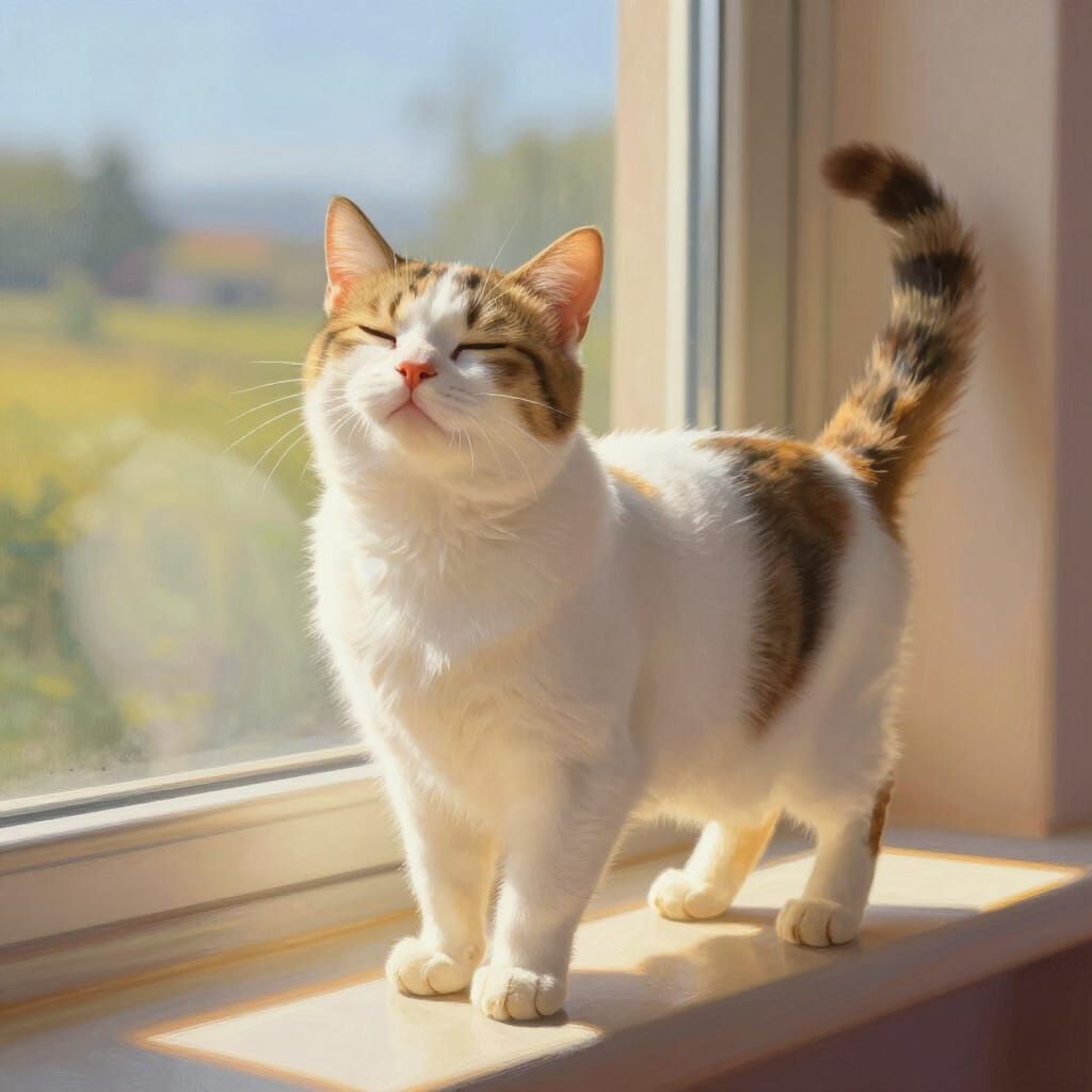 Content Cat Basking in Sunshine on Windowsill