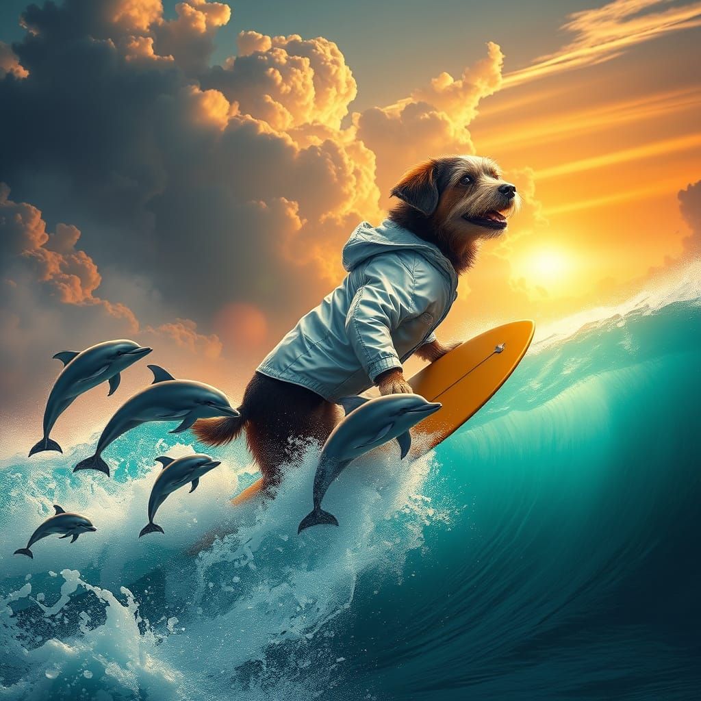 Surfing Dog Amidst Dolphins in a Sunset Oceanic Scene