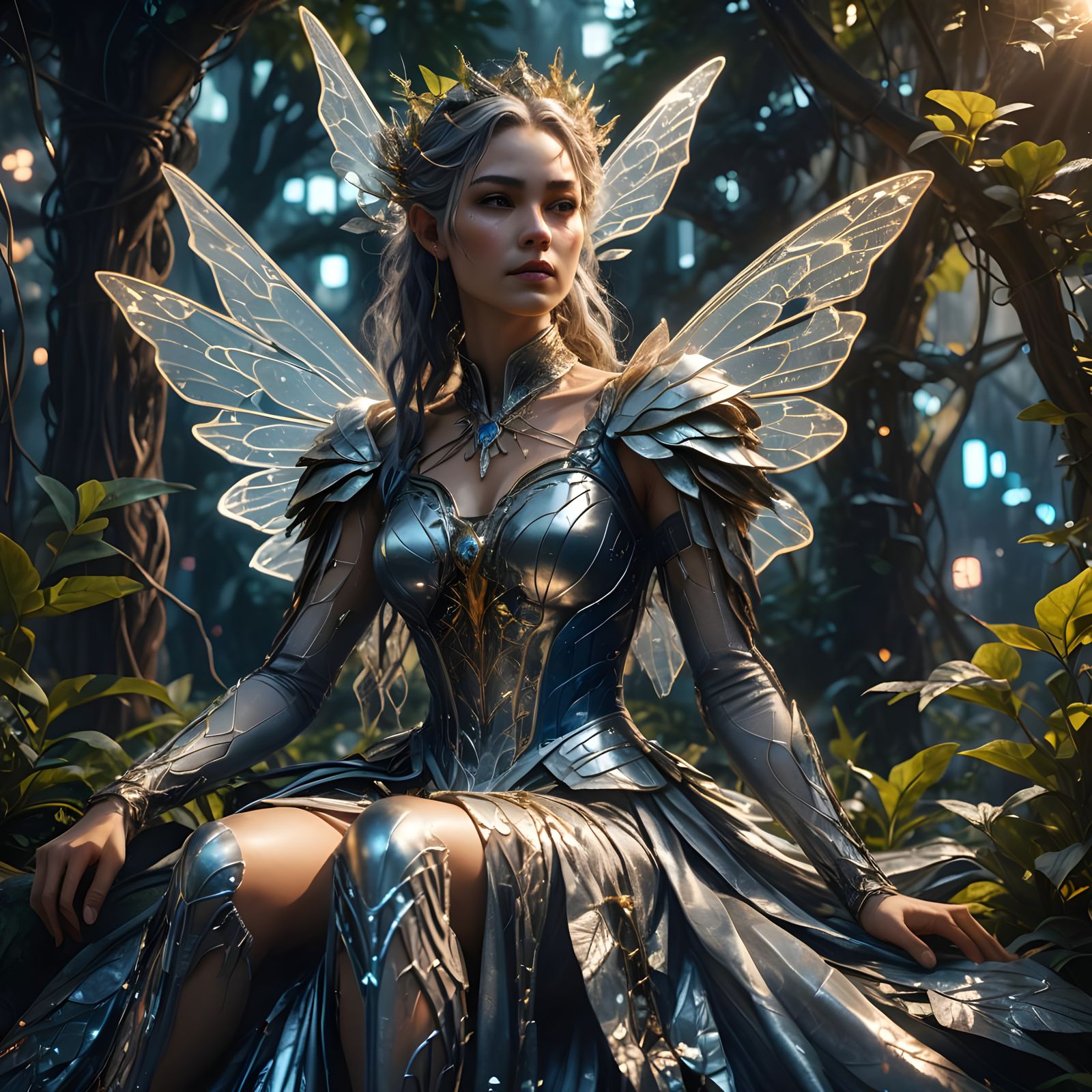 Cyberpunk Fairy Queen in Lush Fantasy Realm