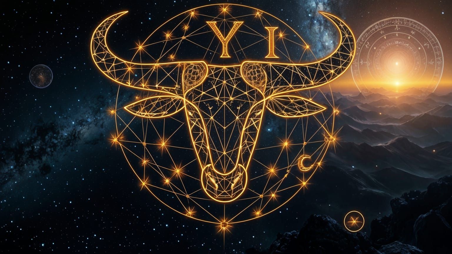 Majestic Taurus Head in Celestial Constellation Lines with A...