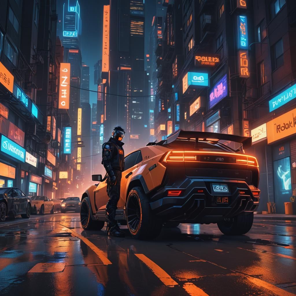 Cyberpunk Epic: Hero Stands Tall in Neon-Lit Alleyway