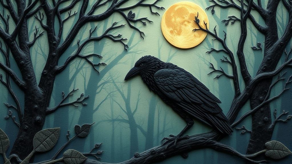 Felt Raven in Mystical Moonlight Forest