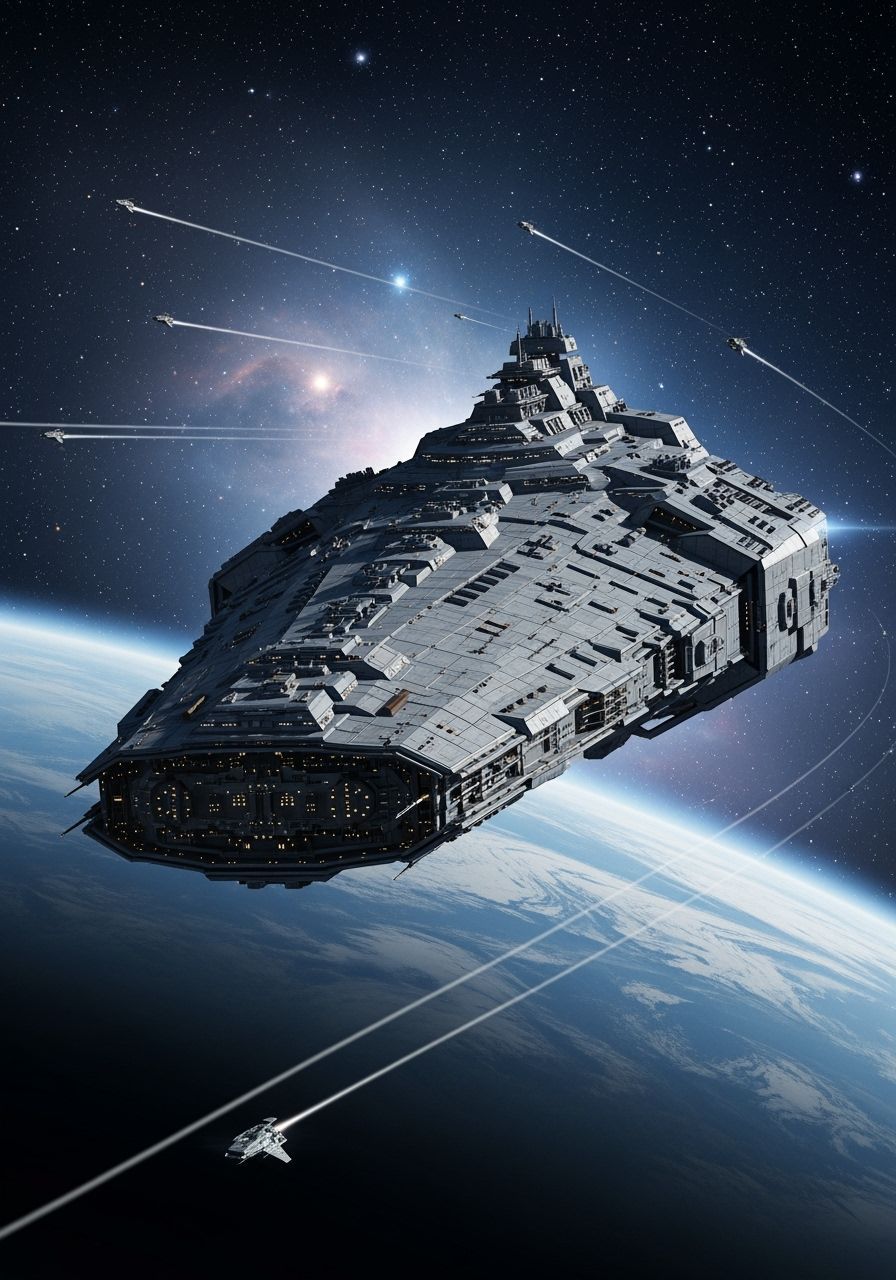 Colossal Starship in Orbit Over Planet with Moon