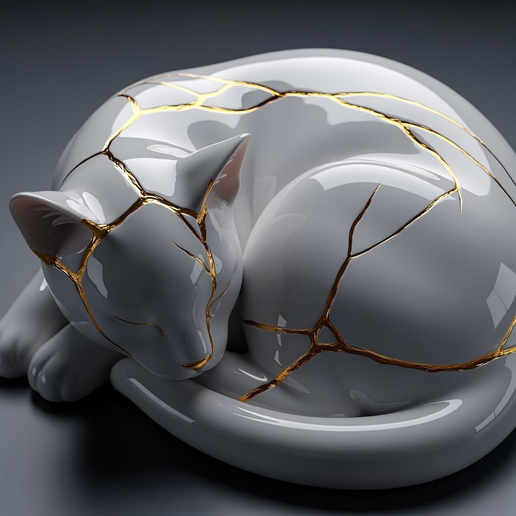 Porcelain Cat Sculpture with Golden Kintsugi Seams