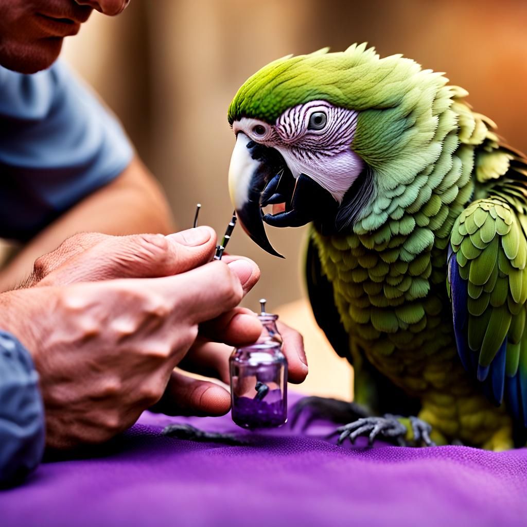 Parrot Rests on Purple Blanket in Gentle Vet's Care