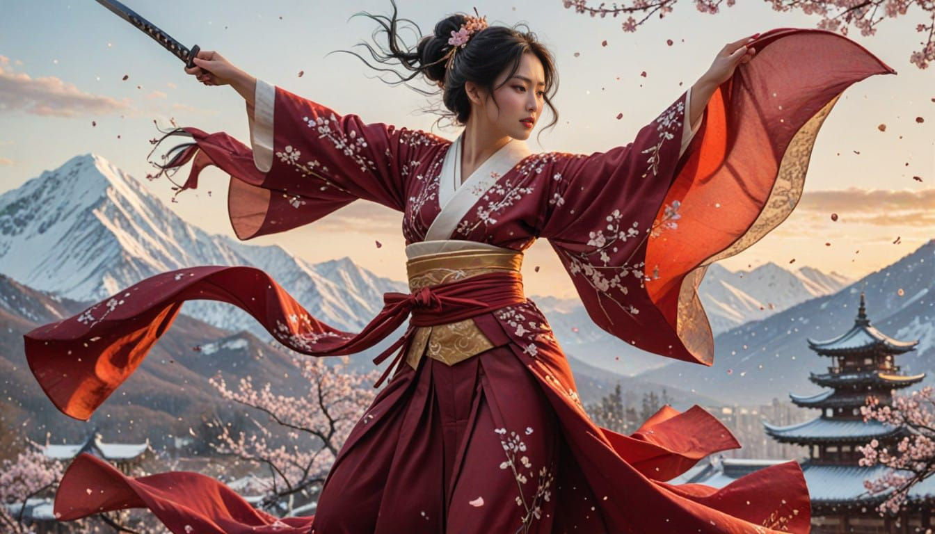 Japanese Warrior Bride in Mid-Air Combat