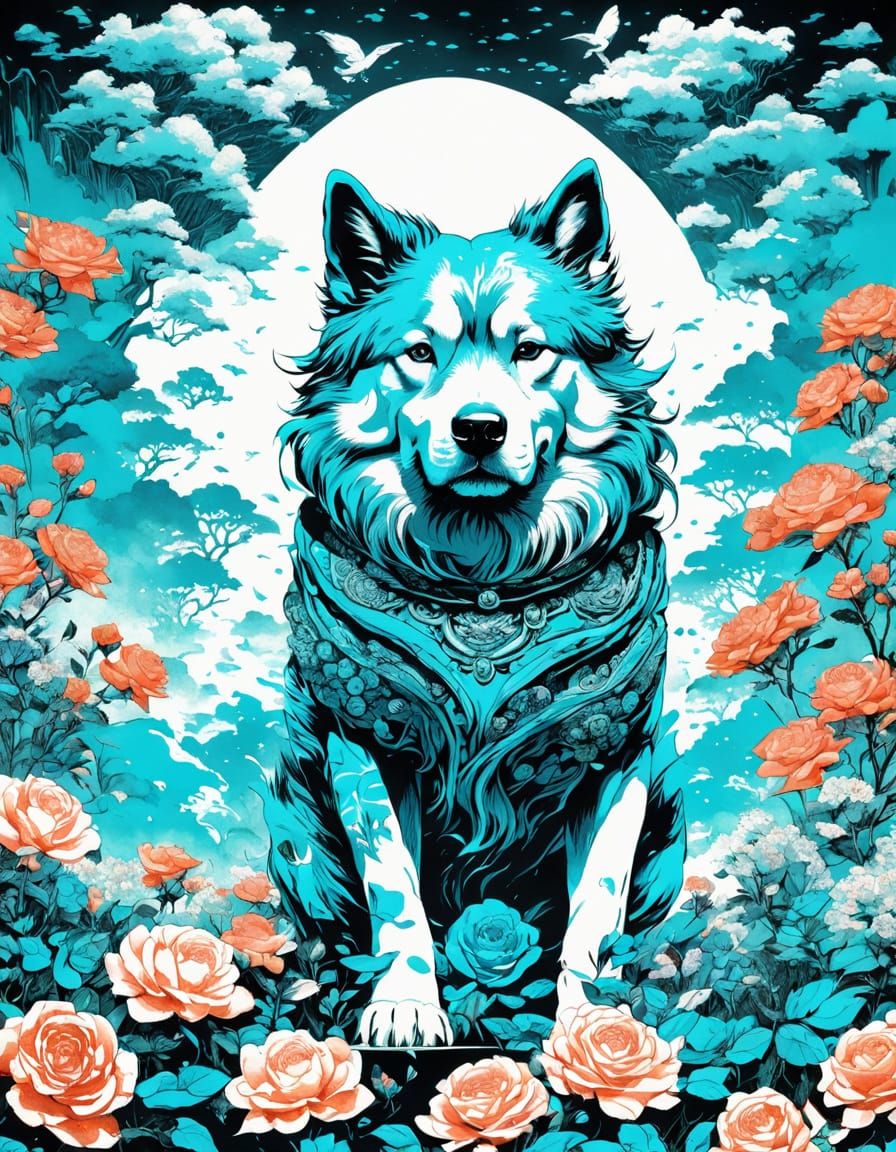 Surreal Turquoise Chinese Landscape with Dog in Vibrant Wate...