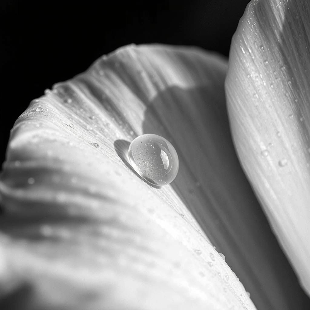 Close-Up Flower Petal in Black and White with Water Droplets