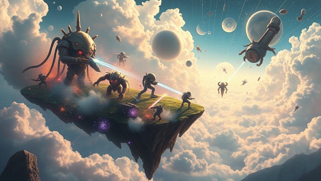 Chaotic Battle on Floating Island in Sacred Geometry Style