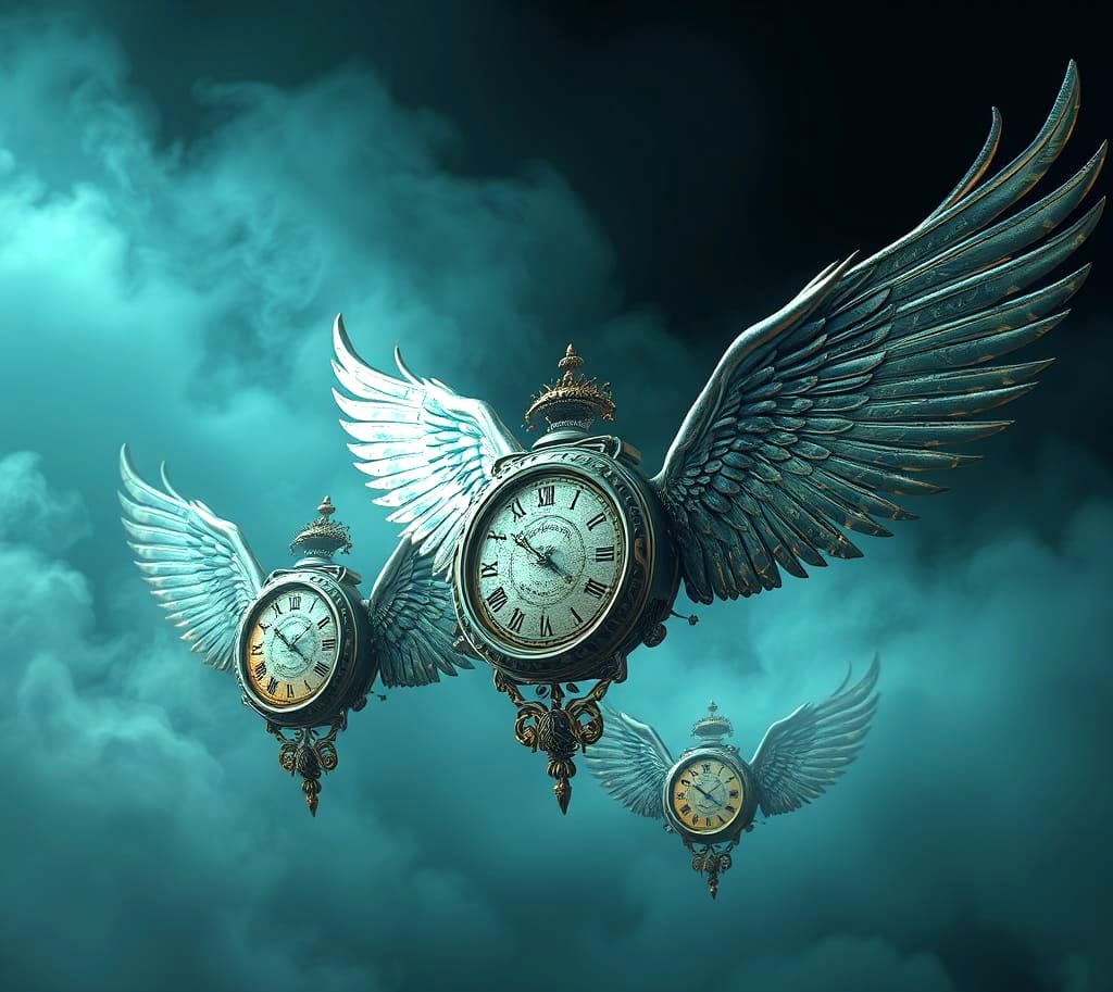 Surreal Winged Clocks in Magical Realism Style