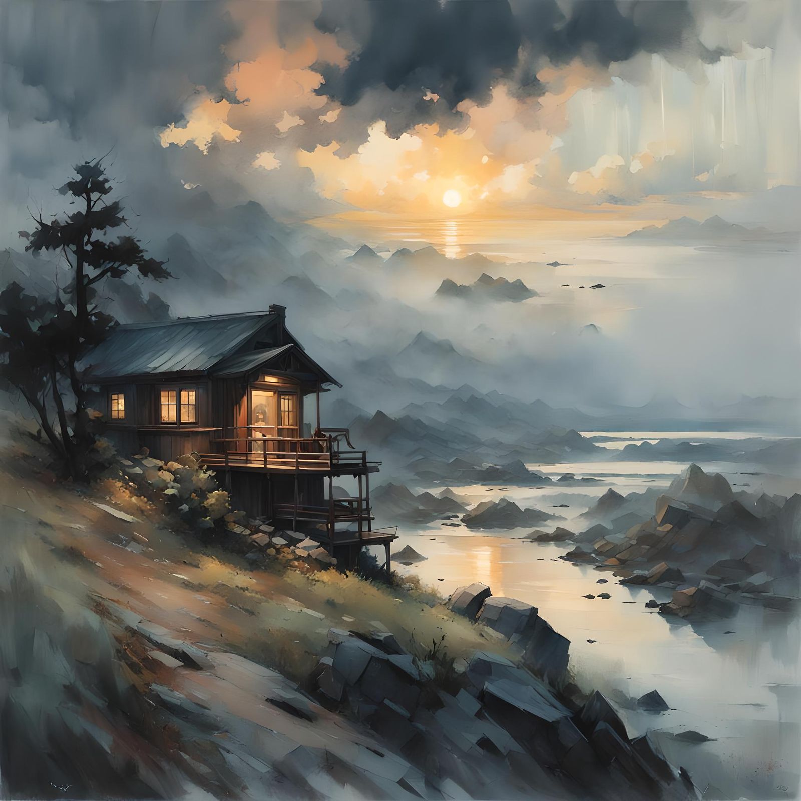 Misty Watercolor Landscape at Stormy Dusk