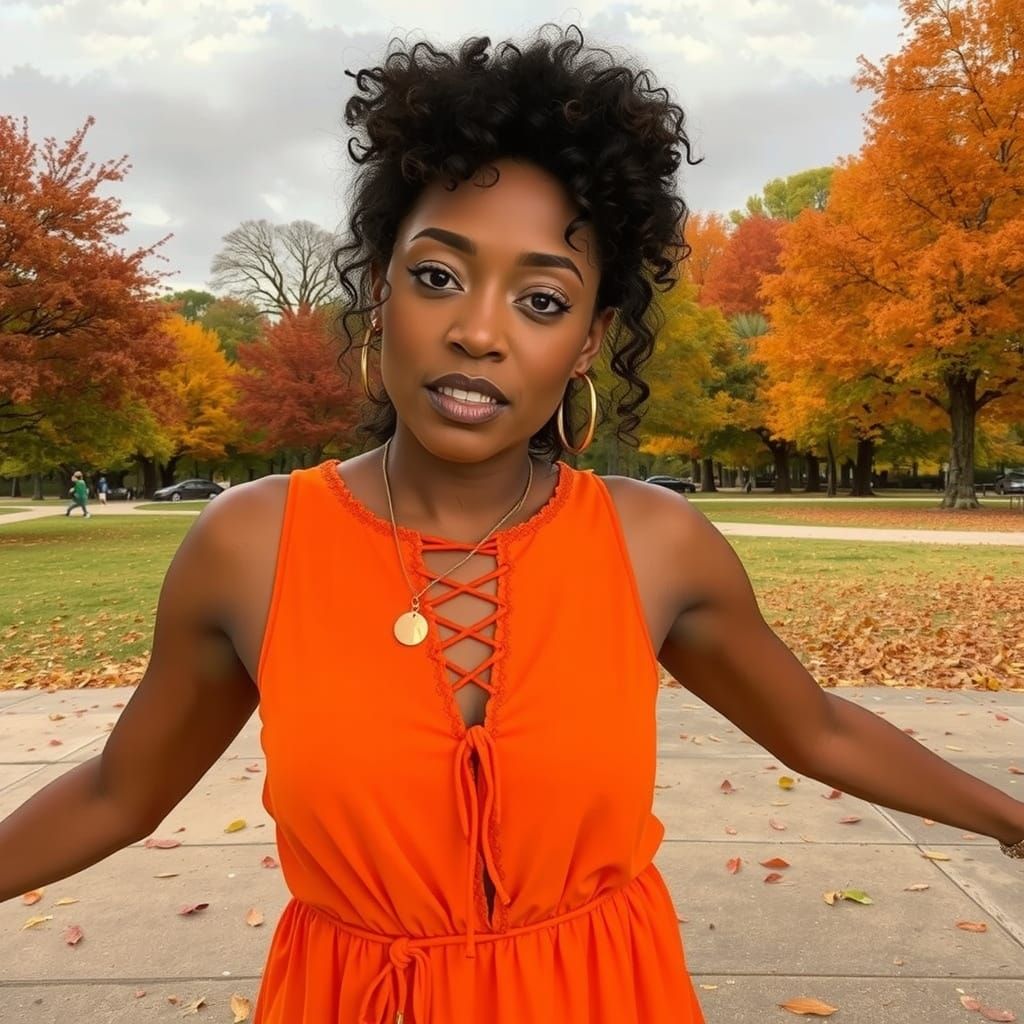 Autumn Park Scene With Woman in Orange Dress
