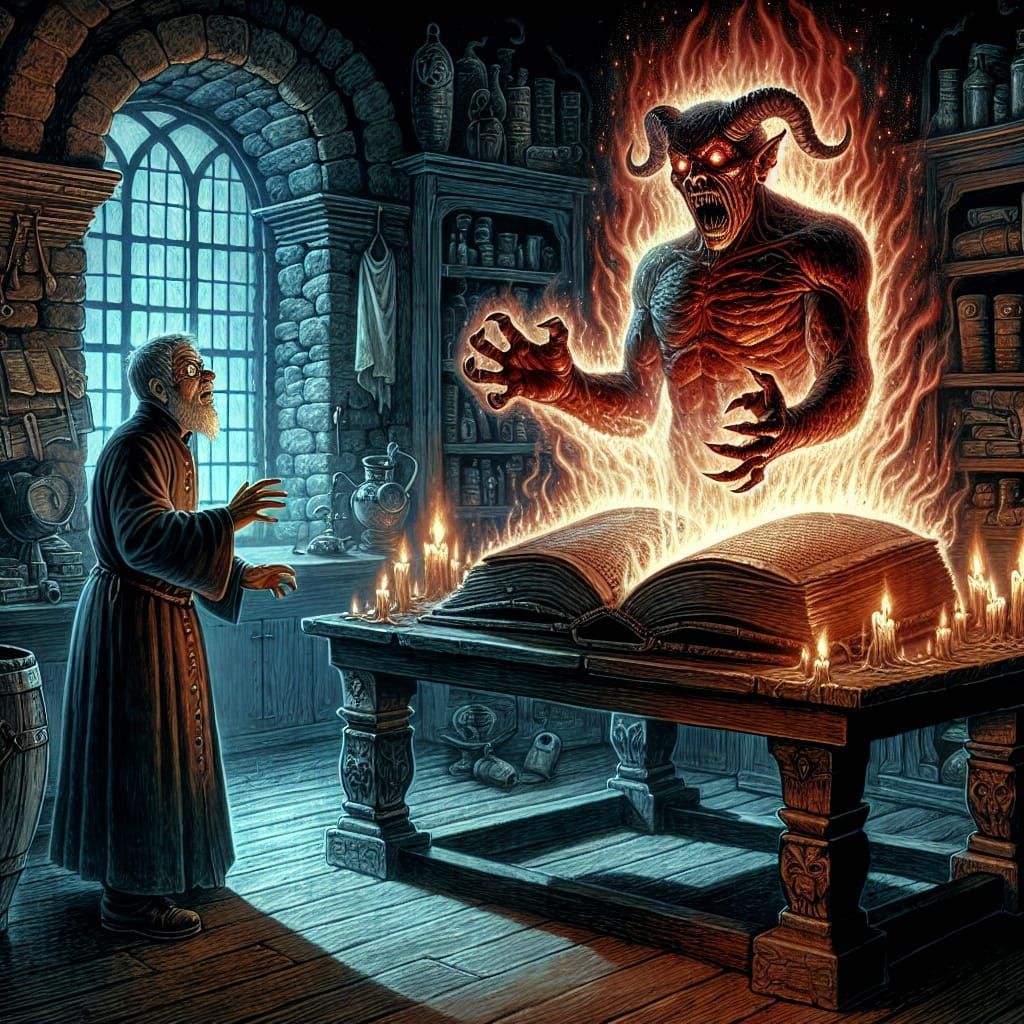 Dark Fantasy Demon Emerges from Ancient Tome in Haunting Ill...