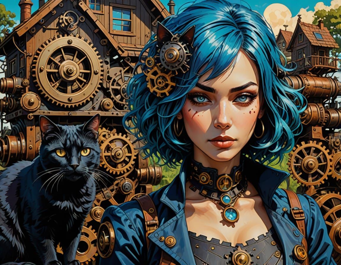 Steampunk Witch in Whimsical Cottage Scene