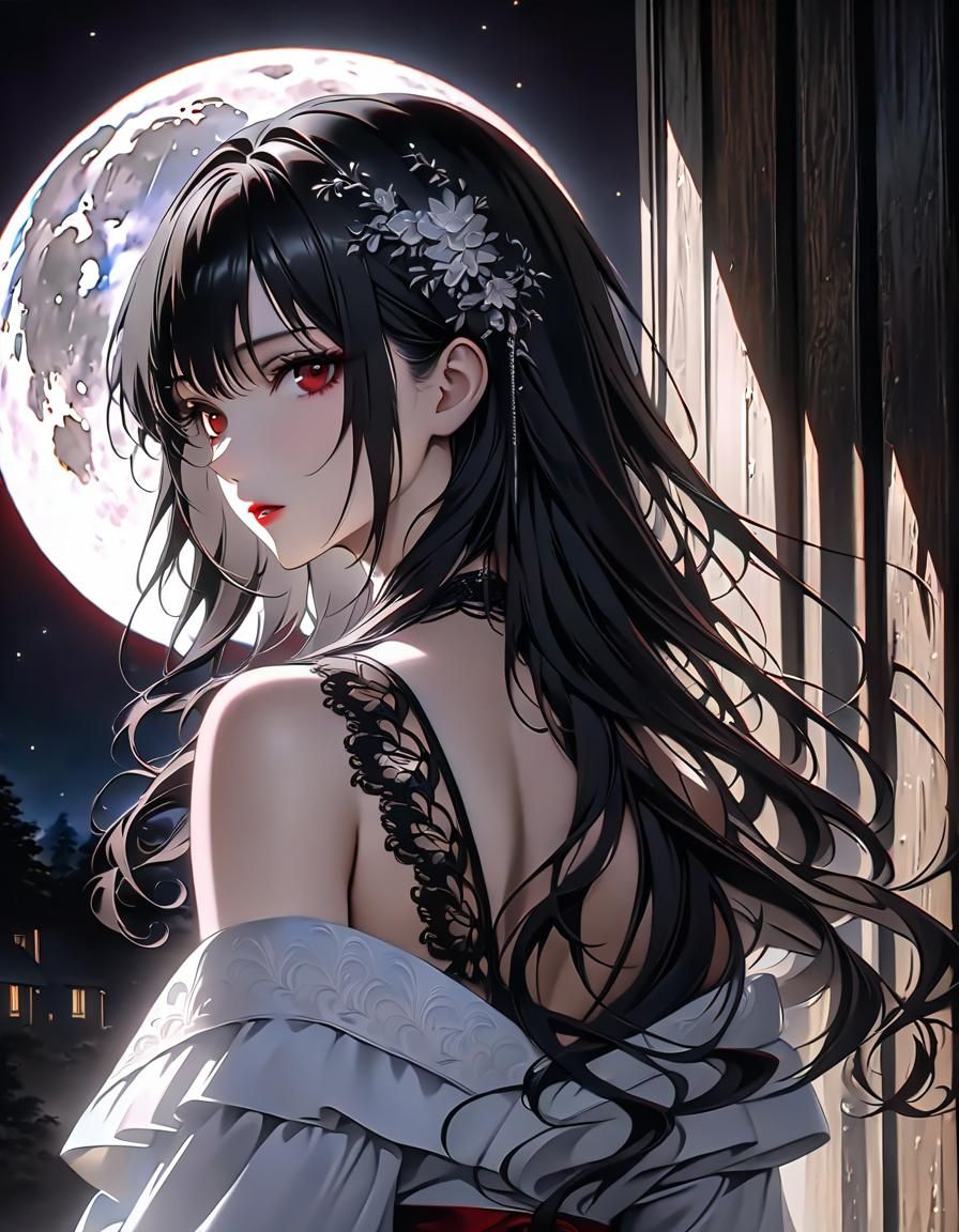 Ethereal Woman in Red Kimono Under Moonlight