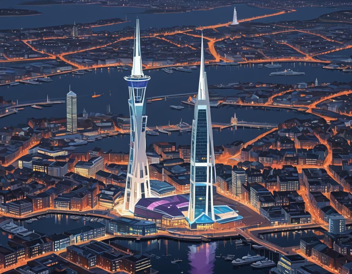 Futuristic Portsmouth Skyline in Neon-Lit Low-Poly Style