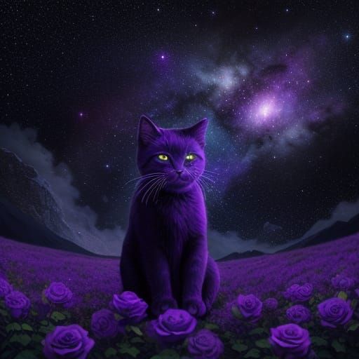 Purple Kitty in Cosmic Rose Field with Sky Writing