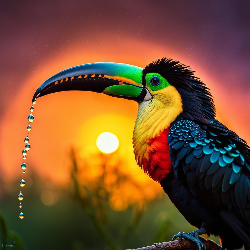 Surreal Tucan Emerges from Celestial Flames in Ethereal, Iri...