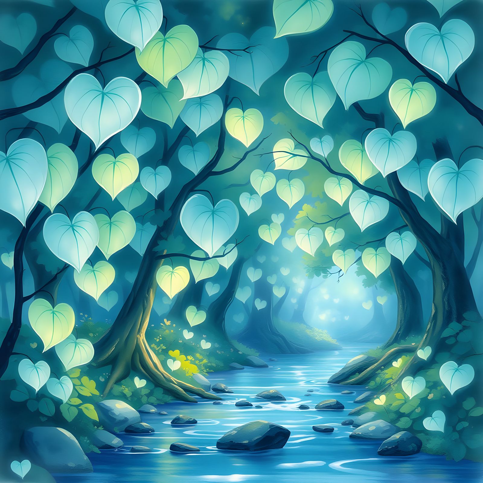 Dreamy Watercolor Grove Bathed in Ethereal Bioluminescent Li...