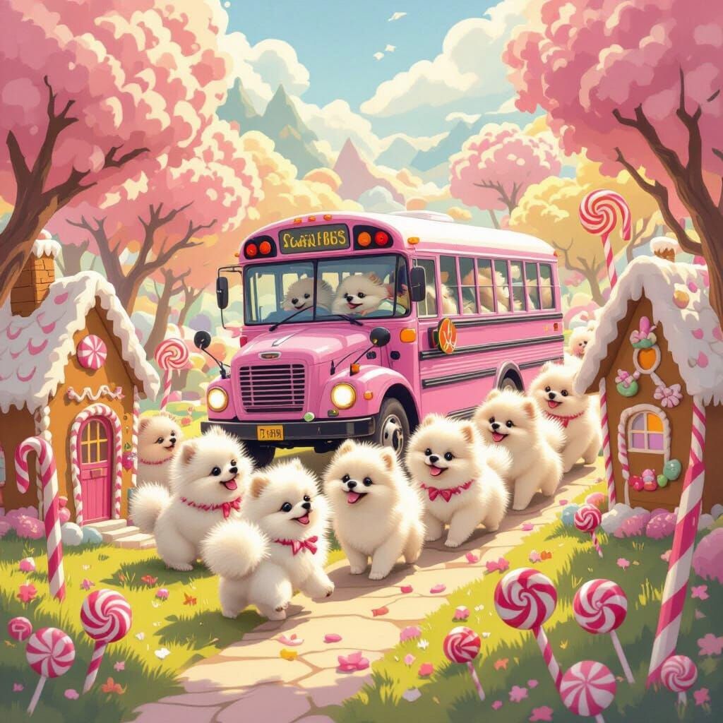 Pomeranians Catch Pink School Bus in Candy Land