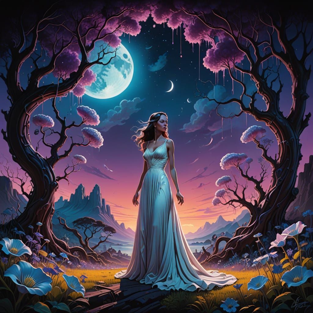 Serene Nighttime Goddess in Vibrant Forest Under Blood Moon