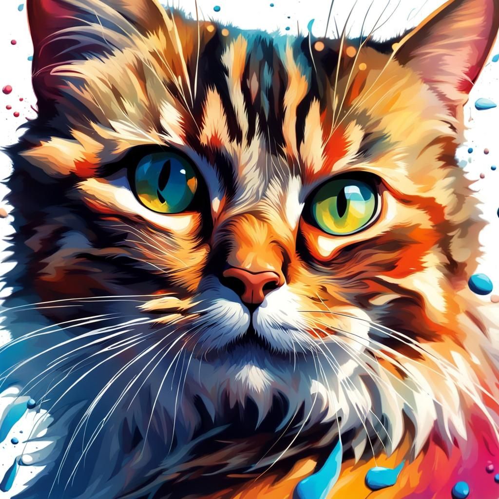 Vibrant, Hyperrealistic Feline Portrait in Splash Art Style