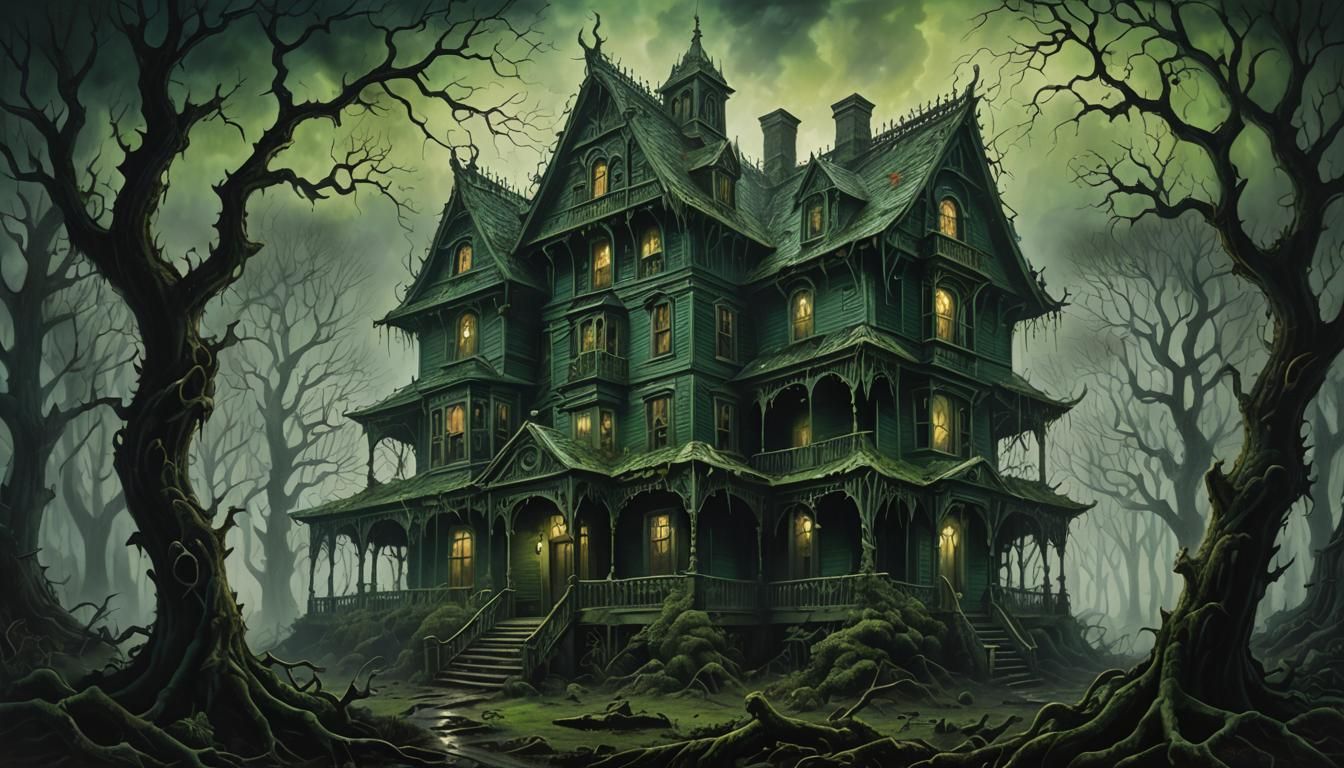Mysterious Green House in the Forest, an Ominous Oil Paintin...