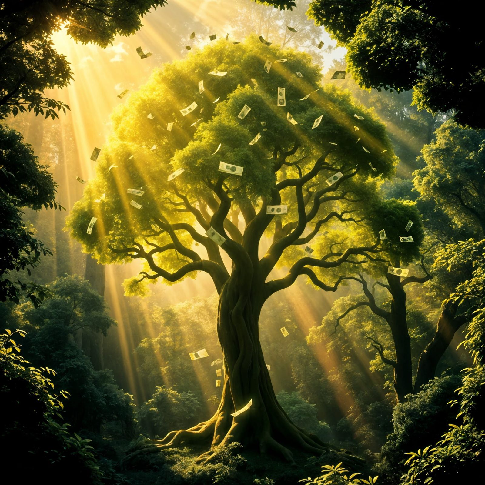 Whimsical Forest Scene with Magical Money Tree