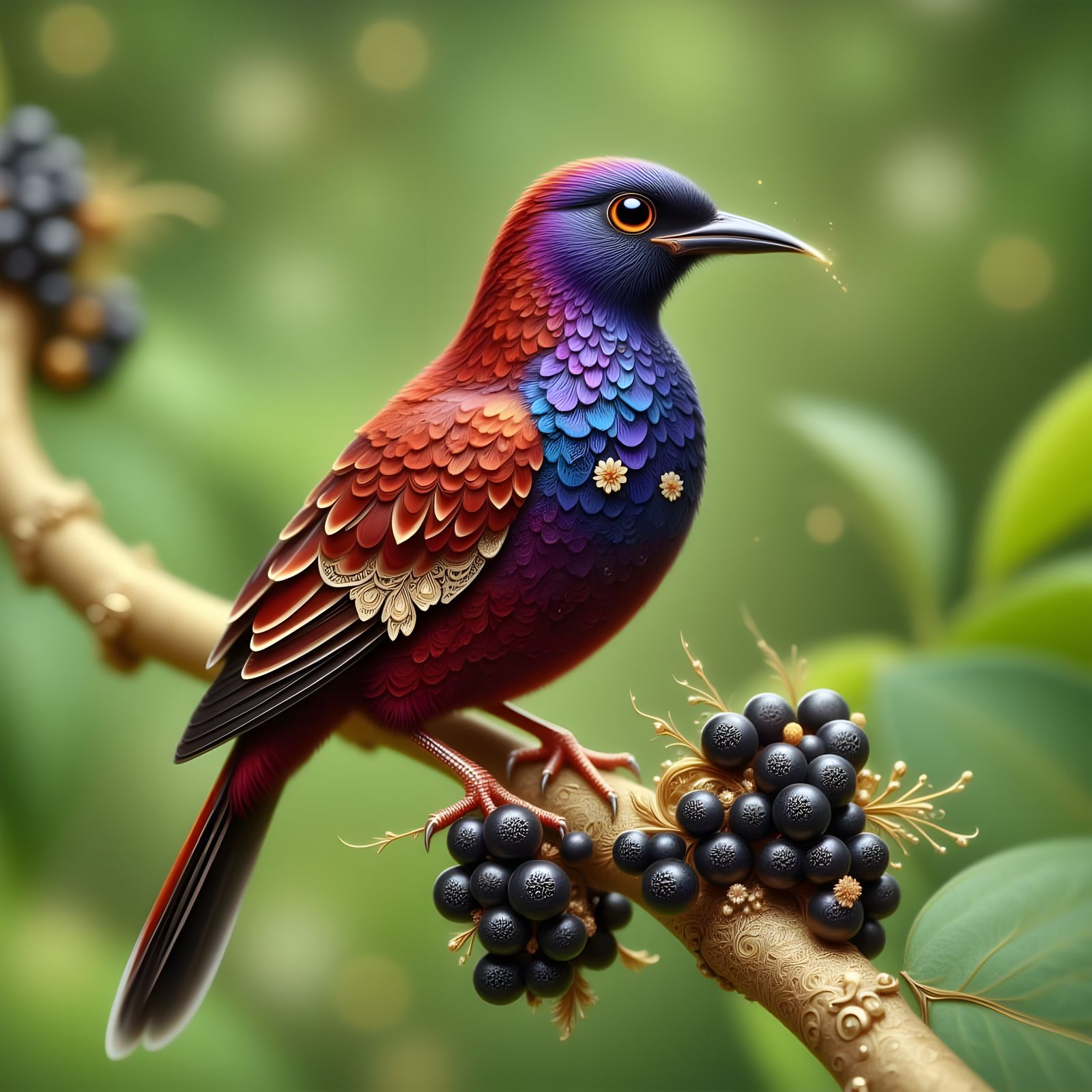 Regal Cotinga Bird Eating Berries in Golden Filigree Style