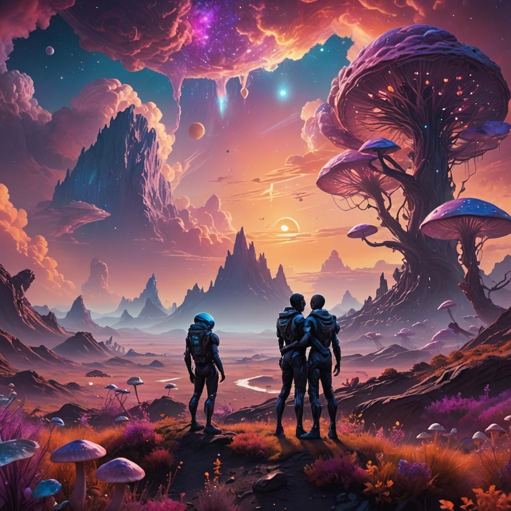 Alpha Centauri Sunset Embrace in Vibrant Fantasy Landscape