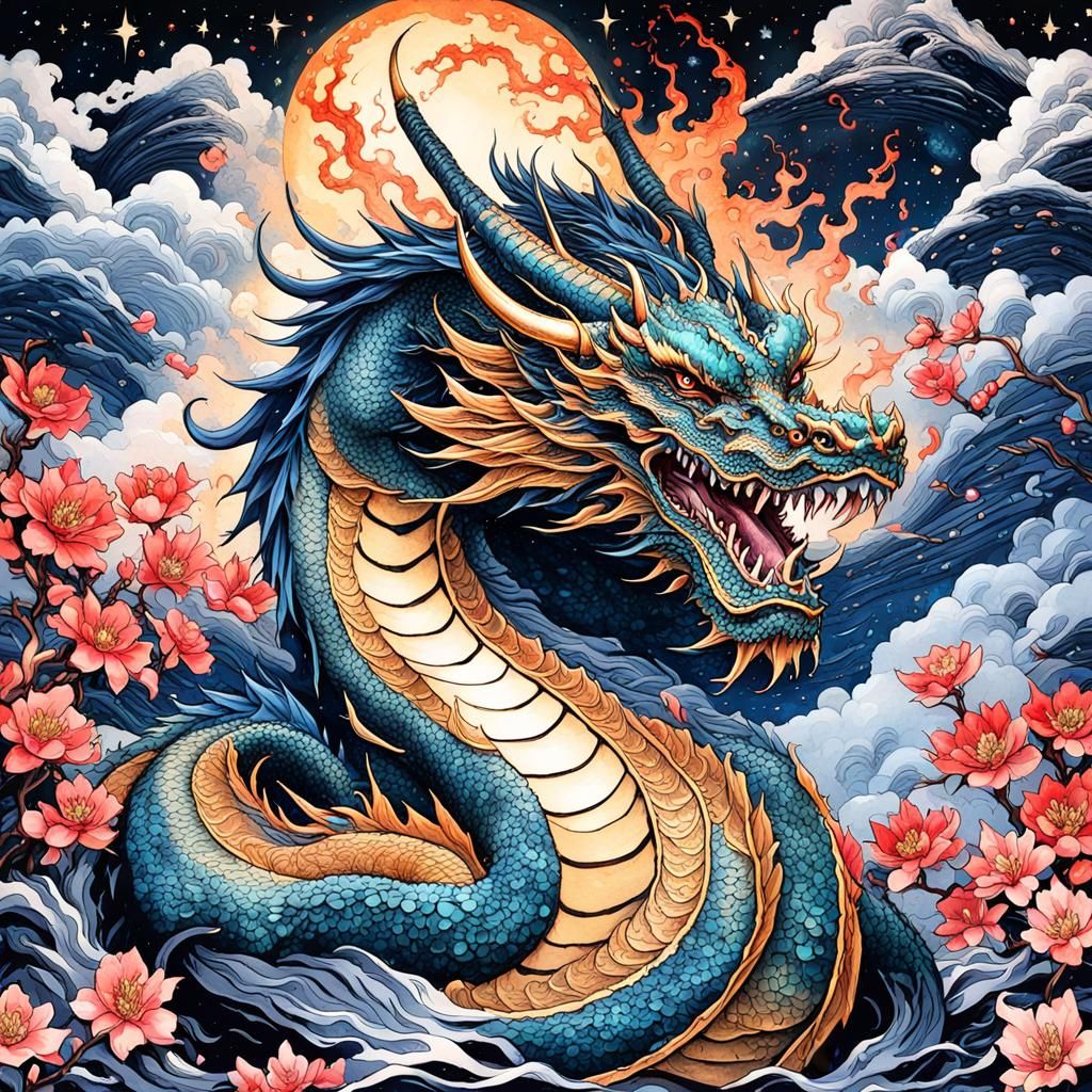 Majestic Asian Dragon Amidst Cherry Petals Under a Starry Ni...