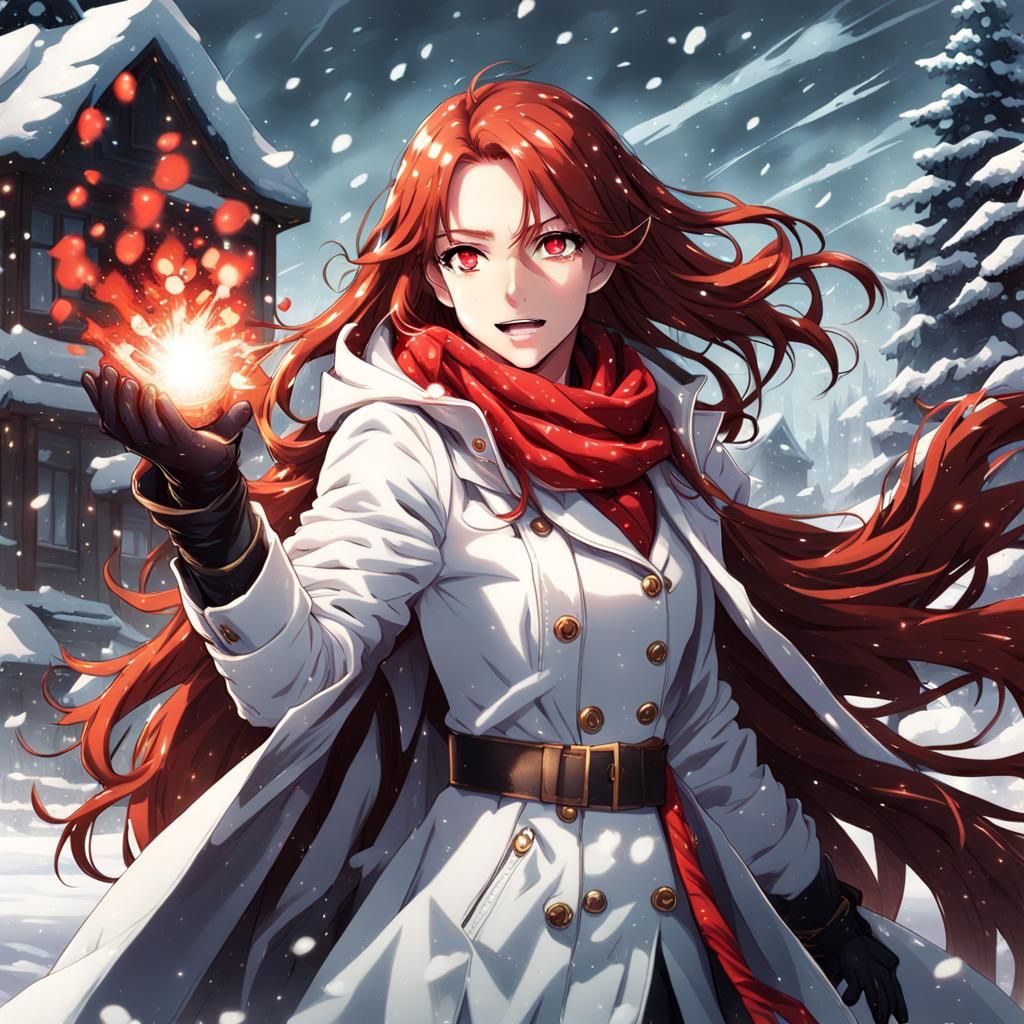 Succinct Anime Key Visual of Red-Haired Woman Unleashing Mag...